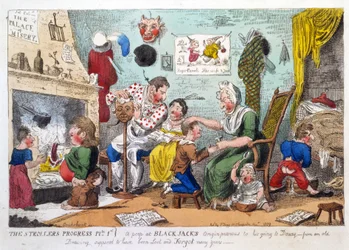 The Strollers Progresso Plate 1, um Peep em Black Jacks Origem Anterior ao seu indo para Douay, pub. 1809 (gravura colorida à mão)