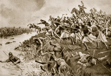 A batalha de Ellandun, 825 dC, ilustração da "História da nação britânica" de Hutchinson, c.1920