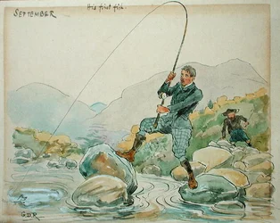 O Mês de Setembro: Angling (caneta e tinta e aguarela sobre papel)