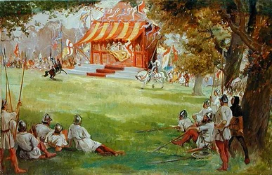 Um Torneio de Jousting, de Sir Nigel e a Companhia Branca, de Sir Arthur Conan Doyles (1859-1930) (óleo sobre tela colocado a bordo) (ver também 140868)