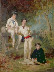 Três jovens jogadores de críquete, c.1883 (óleo no cartão)