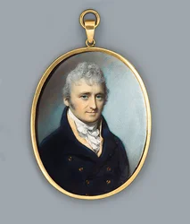Sr. Uthoff, de casaco azul com botões dourados, colete de cor lustrosa e gravata com nó, cabelo encaracolado em pó, 1805
