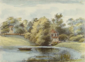 Templo chinês e Templo de Eolus, Kew Gardens, prato 16 de Kew Gardens: Uma série de vinte e quatro desenhos sobre pedra, gravada por Charles Hullmandel (1789-1850) publicado em 1820 (litografia colorida à mão)