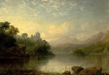 Cena do lago com castelo em ruínas e montanhas, século XIX