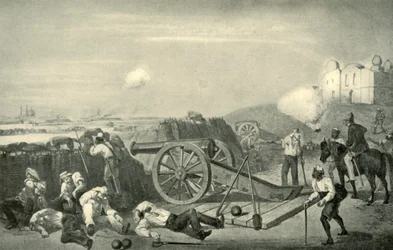 Um dia pesado nas baterias antes de Delhi, 1857, 1901.