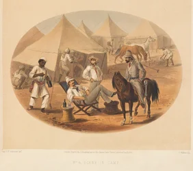 Cena do acampamento, motim indiano, 1857-1858 por volta de