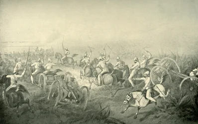Artilharia indiana do cavalo que galopa na ação, 1850s, 1901.