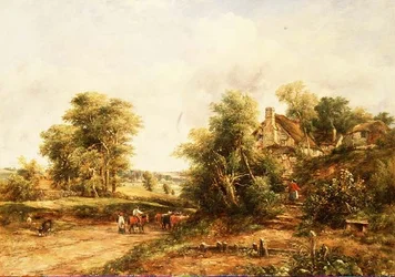 Paisagem de verão em eventide com bois e gado