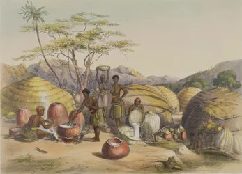 Kraal de Gudu no Tugala, Mulheres fazendo cerveja, prato 26 de &39;The Kafirs Illustrated&39;, 1849