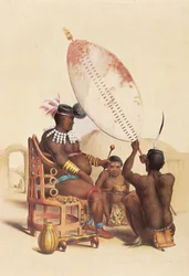 Mpande, o rei Zulu, rodeado pelos seus guerreiros