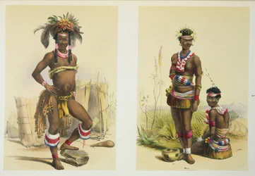 N&39;Pae a Young Zulu em Gala Dress e duas das Dancing Girls de King Panda, prato 19 de &39;The Kafirs Illustrated&39;, 1849
