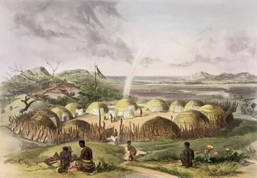 Zulu Kraal perto de Umlazi, Natal, prato 27 de &39;The Kafirs Illustrated&39;, 1849