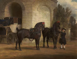 Dois cavalos de carruagem pretos com um cocheiro, 1791
