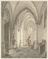 Interior da igreja com homem a dar esmola à mendiga