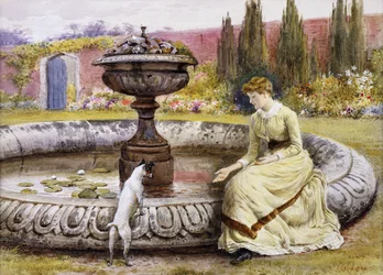 Uma senhora e um cachorro ao lado de uma piscina ornamental,