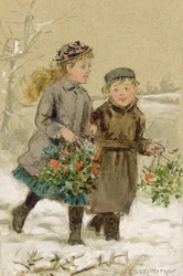 Crianças brincando na neve - Coletando Holly (wc aumentado com branco sobre papel) (ver 224240 para par)