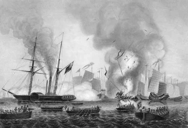 A destruição do lixo da guerra chinesa em Ansons Bay, 7 de janeiro de 1841 c1857.