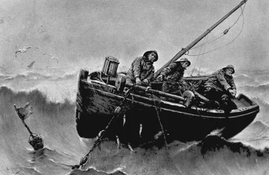 A pesca do arenque. Ilustração de Haquette, Georges Jean Marie (1854 - 1906). Tinta.
