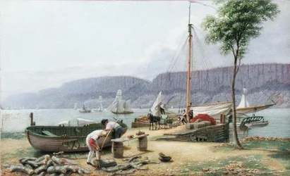 Boa tarde - Hastings Landing. Palisade Rocks in Shadow, New York, c.1836 (aguarela, guache e grafite sobre papel)