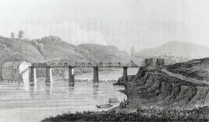 Ponte em Zanesville, Ohio, de "Uma visita à América do Norte e os assentamentos ingleses em Illinois", de Adlard Welby, publicada em 1821