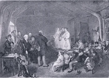 Catequizando em uma sala de escola, da revista de arte de 1893, Cassell and Company, 1893