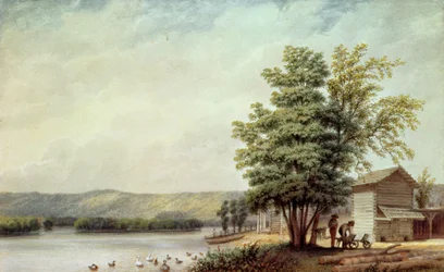 Cirro Cumulus - Casas numa plantação de tabaco, Virgínia, c.1830-40 (aguarela sobre papel)