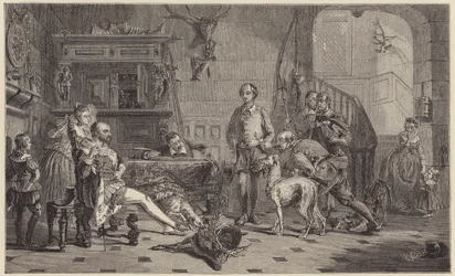 Shakespeare trouxe perante Sir Thomas Lucy por caçar veados. (gravura)