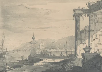 Uma cena costeira com uma ruína clássica à direita, 1811.