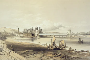 Conway Bridge, construção do segundo tubo, setembro de 1848, gravado pelo artista