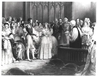 Casamento da Rainha Vitória (1819-1901) e do Príncipe Albert (1819-1861) no Palácio de St. James em 10 de fevereiro de 1840, gravado por Charles Eden Wagstaff, 1840