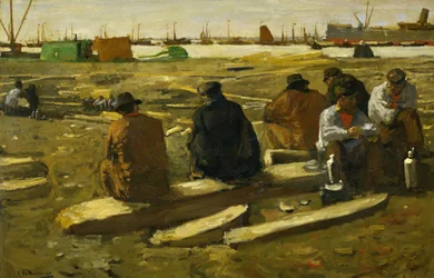 Almoço no canteiro de obras na Van Diemenstraat em Amsterdã Pausa do meio-dia no canteiro de obras na Van Diemenstraat, Amsterdã