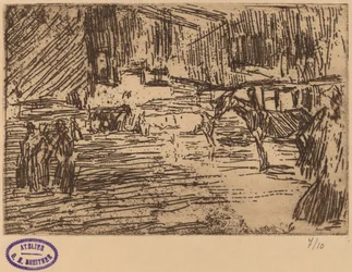 Cena com cavalos em pé no córrego