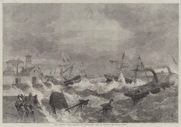 O vendaval recente, naufrágios em Kingstown, Baía de Dublin