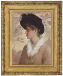 Retrato de uma dama, a meio corpo, com chapéu preto e estola de pele, 1888