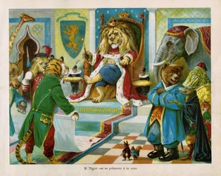 Tigre pede ao Rei Leão XV que autorize os membros da Associação dos Carnívoros a comerem outros animais, em "A Guerra dos Animais", texto de J. Jacquin e ilustrações de C. H. Thompson. Livro para crianças, Ed. Hachette  Cie, Paris, aprox. 1905.