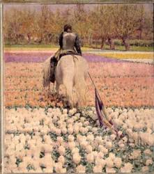 Derrotado Um cavaleiro de tiro atravessa um campo de tulipas após a derrota. Pintura de George Hitchcock (1850-1913) (ec. am.) 1898 Sol. 1x0,9 m Paris, musee d