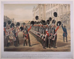 Desfile dos Guardas Escoceses Fusileiros no Palácio de Buckingham na manhã de sua partida para o Assento da Guerra, em 2 de março de 1854, gravado por E. Walker, publicado por Colnaghi und Co., 1854