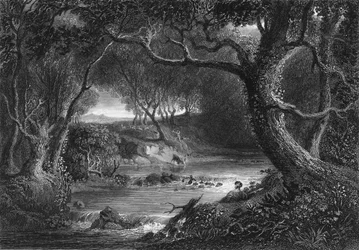 Paisagem, com Jacques e veado ferido (gravura)
