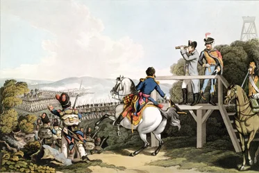 Bonaparte (1769-1821) Pouco antes de seu vôo, Visualizando o ataque de sua guarda imperial, Waterloo, 18 de junho de 1815, gravado por Matthew Dubourg (fl.1813-20)