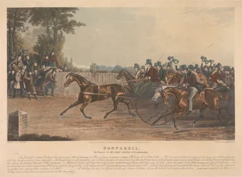 "Nonpareil" / The Property of Mr. John Dixon of Knightsbridge / This Wonderful Creature, Performed the unprecedented Match, of Trotting 100 Miles in harness on Sunbury Common, on Wednesday the 27th April, 1836. ...