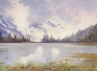 Lac Champex em meio de nuvens no final de maio; Caltha palustris e Primula farinosa à beira da água (litografia a cores)