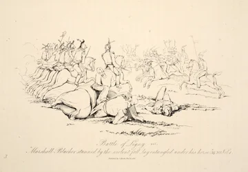 Batalha de Ligny: Marshall Blucher atordoado pela queda violenta estava emaranhado embaixo de seu cavalo, pub J. Booth, 1816