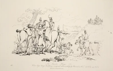 La Sainte Haye: Perto de um grande edifício ocupado alternadamente por Amigo e Inimigo, pub. J. Booth, 1816