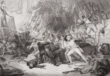 Nelson embarcou no San Josef na Batalha de São Vicente, em 14 de fevereiro de 1797, de "Ilustrações da História Escocesa e Inglesa", Volume II