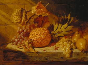 Uvas em preto e branco, peras, groselhas e um abacaxi em uma borda, 1845