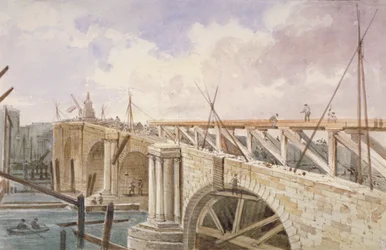 Trabalho de demolição sendo realizado na ponte Blackfriars, 1864