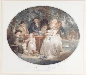 Um Jardim de Chá, gravação a cores de pontos de Morland por François David Saron (nascido em 1764)