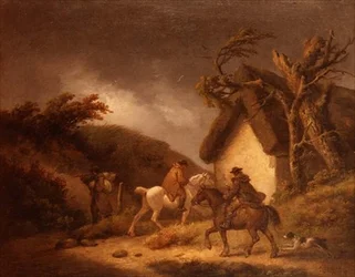 Uma paisagem arborizada tempestuosa com viajantes