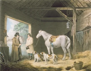 Pagando o anfitrião, gravado por Samuel William Reynolds (1773-1835), pub. por H. Macklin, 1805 (gravura em mezzotint)