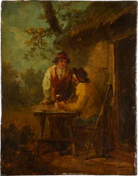 Camponeses diante de uma cabana